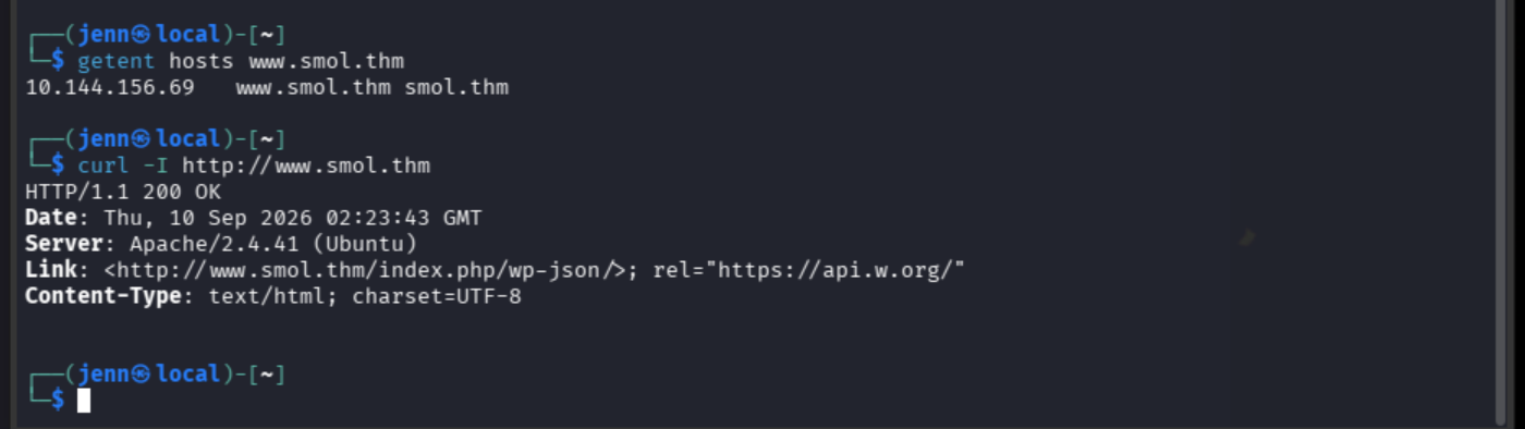 Hostname resolution and HTTP response verification for www.smol.thm
